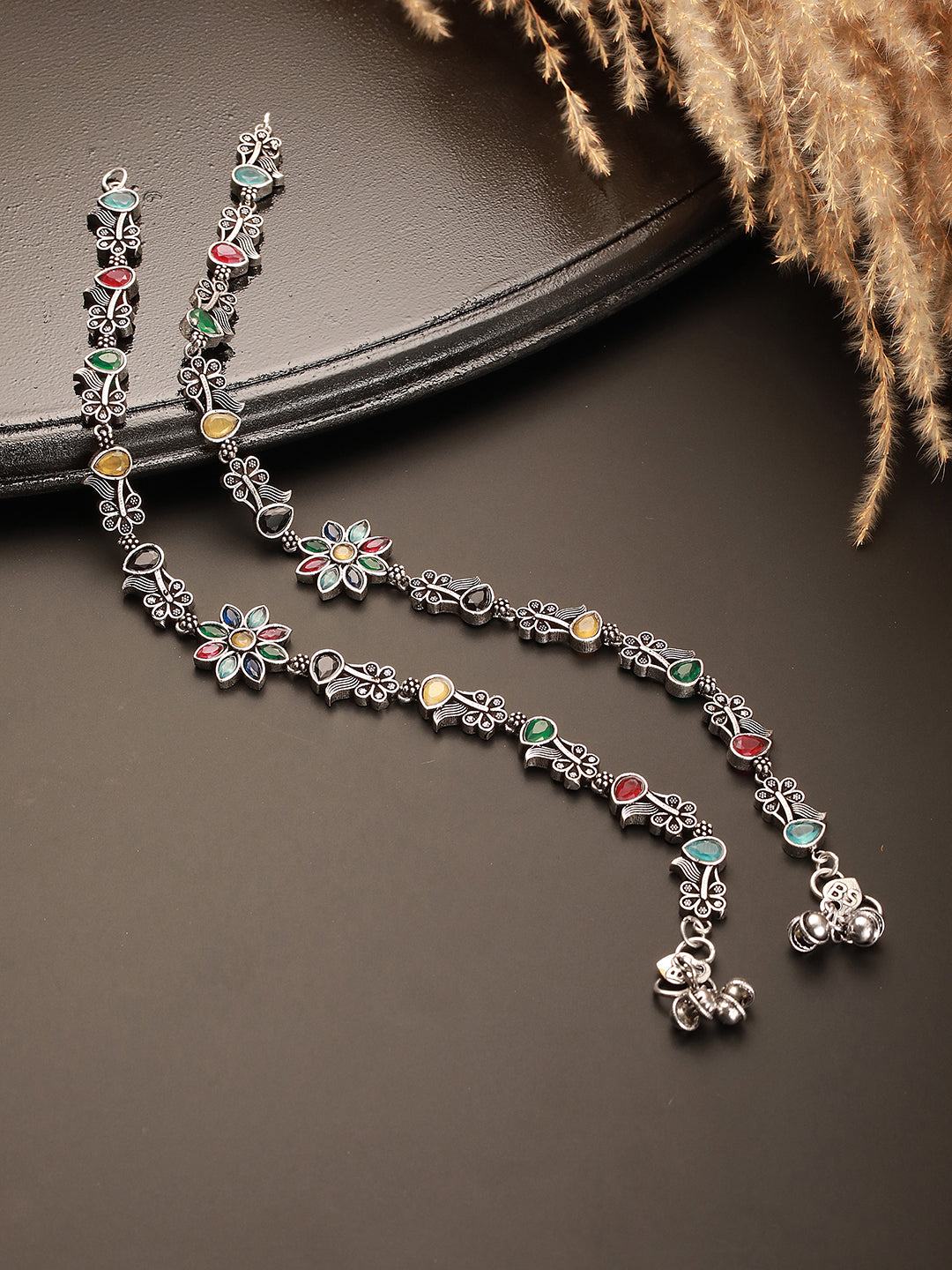 Set of 2 Silver Oxidised Multi Colored Stone Studded Peacock & Flower Minimal Dailywear Anklet Payal